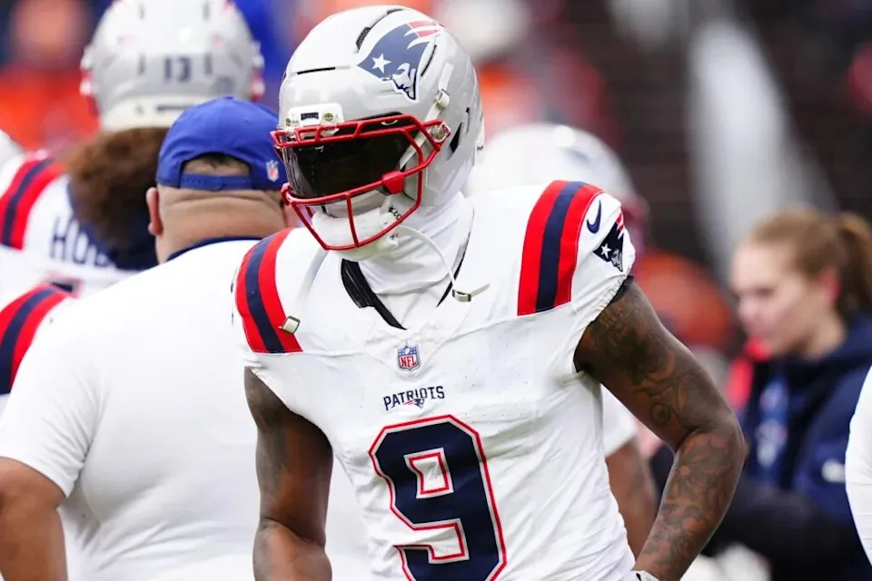 Jan 25, 2026; Denver, CO, USA; New England Patriots wide receiver Kayshon Boutte (9)) practices before the 2026 AFC Championship Game at Empower Field at Mile High. Mandatory Credit: Ron Chenoy-Imagn Images