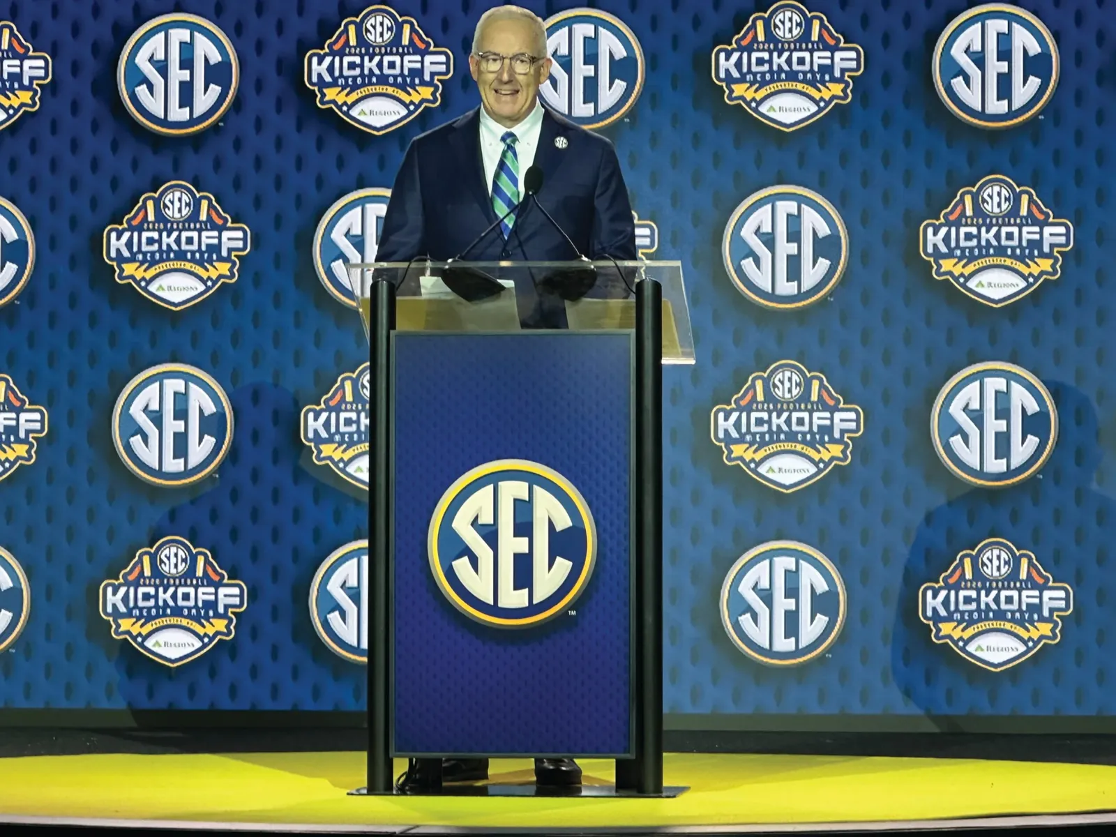 SEC Commissioner Greg Sankey discusses upcoming NCAA College Football season during the Southeastern Conference (SEC) Media Days in Tampa, Fla., Monday, July, 20, 2026. (Hunter Dawkins/The Gazebo Gazette via AP)