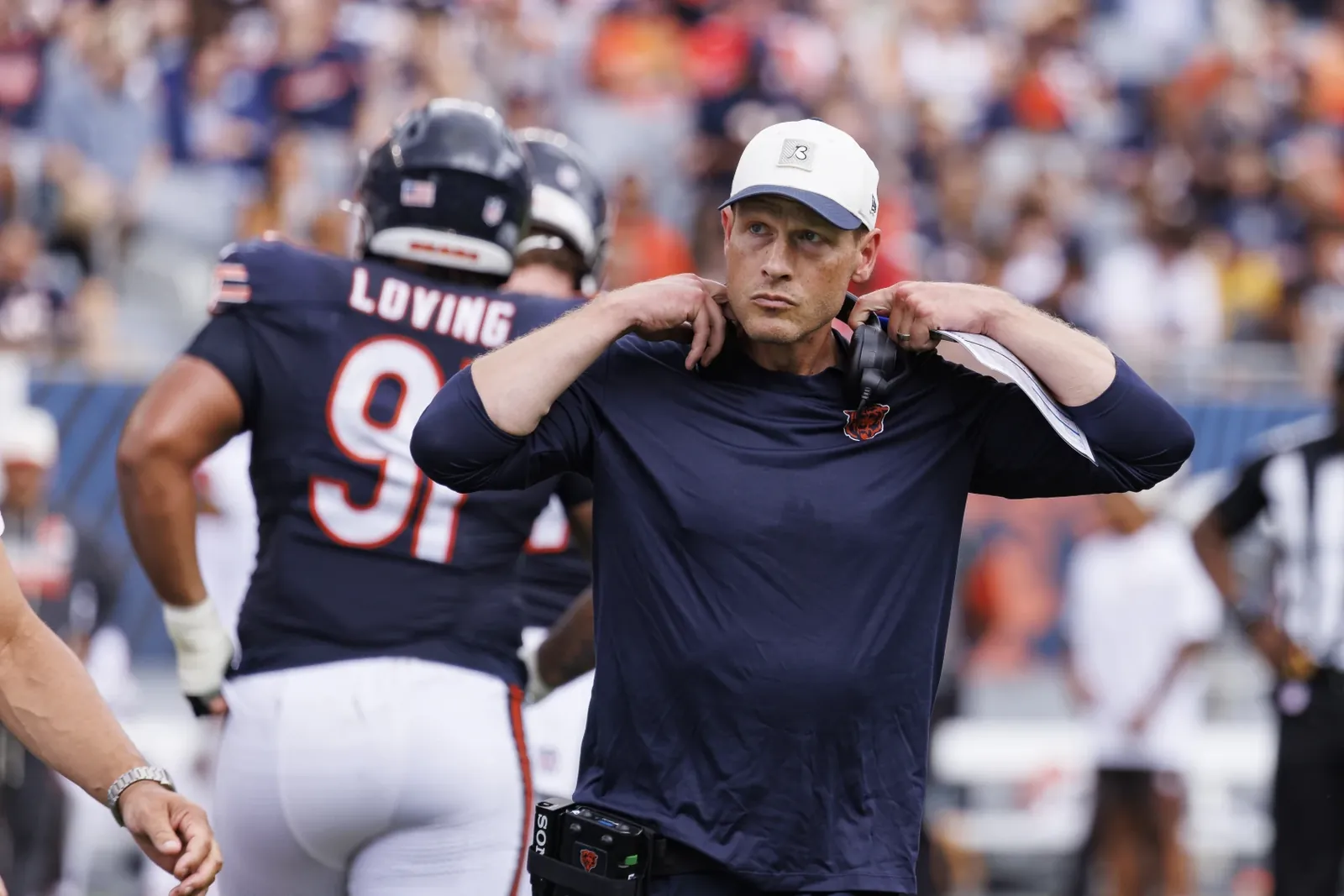Bears head coach Ben Johnson walks back to the bench during the second half of a preseason game against the Browns at Soldier Field on Saturday, Aug. 15, 2026.