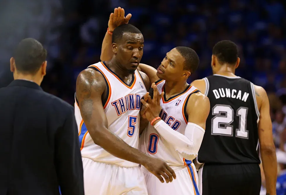 OKLAHOMA CITY, OK - MAY 27: Kendrick Perkins #5 and Russell Westbrook #0 of the Oklahoma City Thunder react after a play in the second quarter against the San Antonio Spurs during Game Four of the Western Conference Finals of the 2014 NBA Playoffs at Chesapeake Energy Arena on May 27, 2014 in Oklahoma City, Oklahoma. NOTE TO USER: User expressly acknowledges and agrees that, by downloading and or using this photograph, User is consenting to the terms and conditions of the Getty Images License Agreement. (Photo by Ronald Martinez/Getty Images)