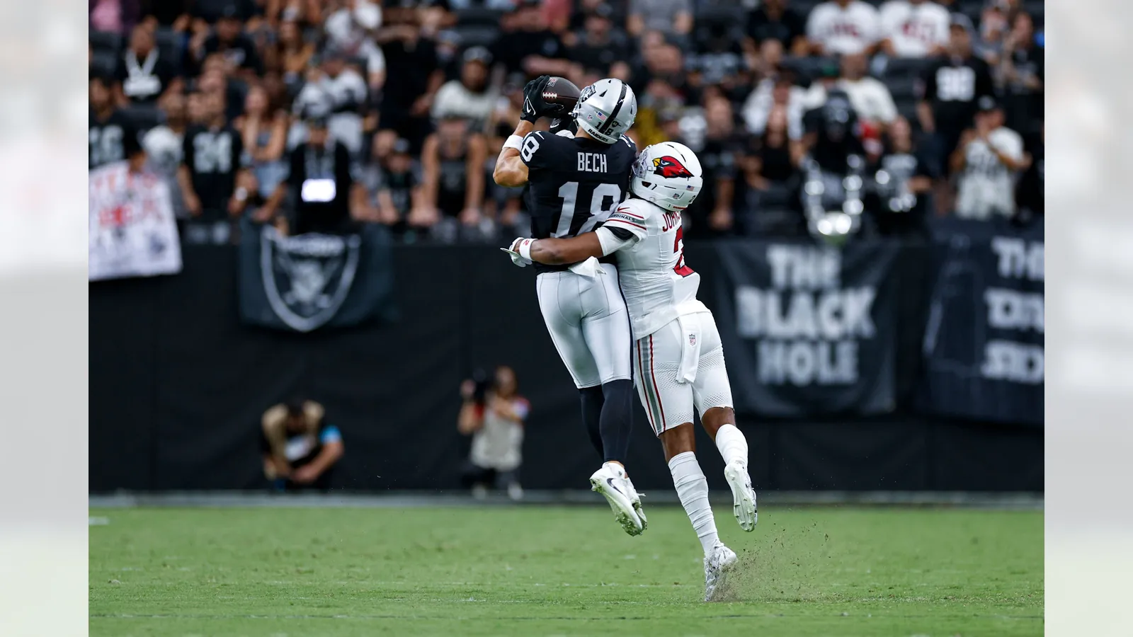 Las Vegas Raiders wide receiver Jack Bech (18) during the preseason home game against the Arizona Cardinals at Allegiant Stadium.