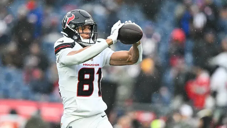 Jan 18, 2026; Foxborough, MA, USA; Houston Texans wide receiver Jayden Higgins (81) warms up before an AFC Divisional Round g