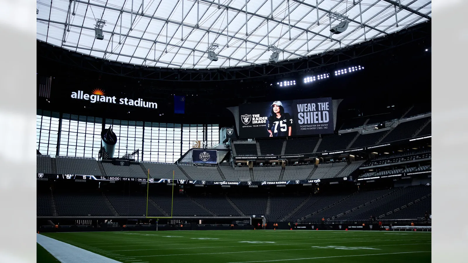 Las Vegas Raiders signage on the field for practice at 2026 Training Camp at Allegiant Stadium.