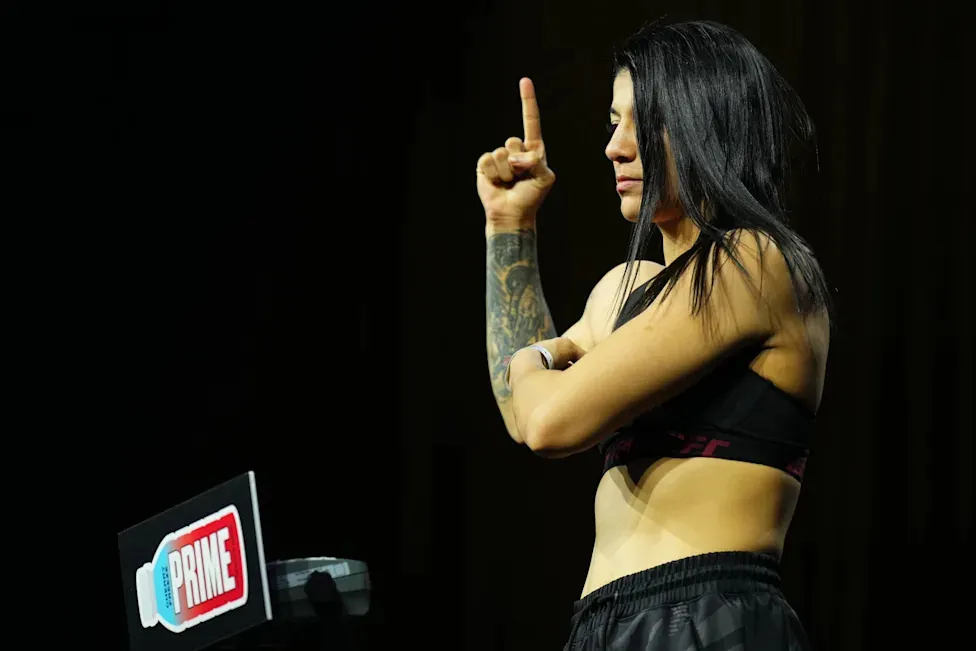 SALT LAKE CITY, UTAH - OCTOBER 04: Ketlen Vieira of Brazil poses on the scale during the UFC 307 ceremonial weigh-in at Salt Palace Convention Center on October 04, 2024 in Salt Lake City, Utah. (Photo by Cooper Neill/Zuffa LLC)