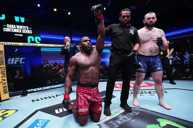 Anthony Wint reacts after a victory against Matt Adams in a heavyweight fight during Dana White's Contender Series Season 10, Week 1