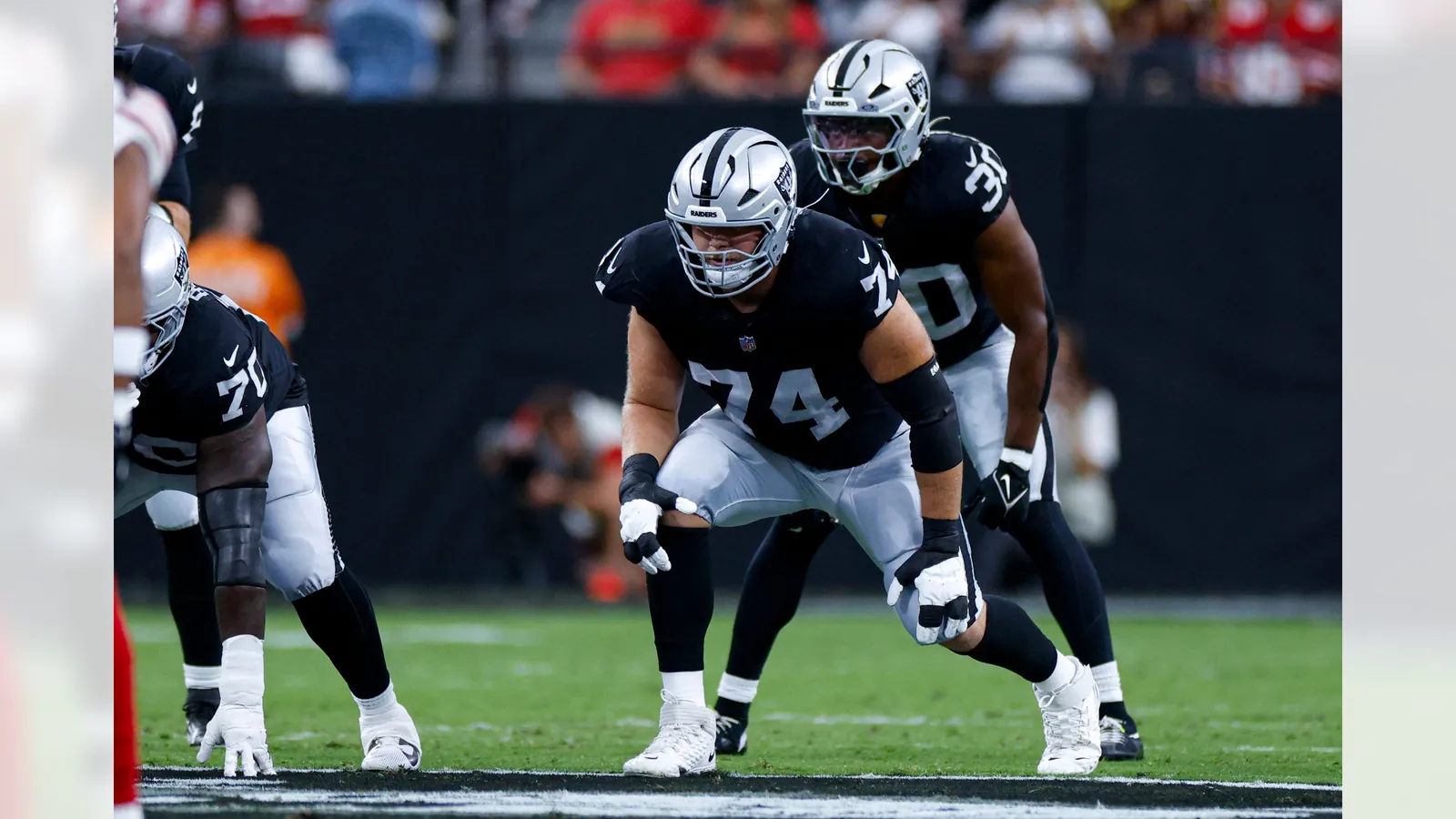Las Vegas Raiders tackle Kolton Miller (74) during the preseason game against the San Francisco 49ers at Allegiant Stadium.