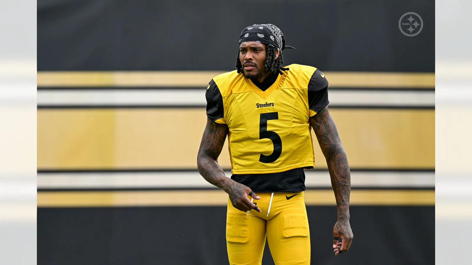 Pittsburgh Steelers cornerback Jalen Ramsey (5) during practice at the UPMC Rooney Sports Complex preparing for a Week 1 matchup against the Atlanta Falcons, Thursday, Sept. 10, 2026 in Pittsburgh, PA. (Karl Roser / Pittsburgh Steelers)