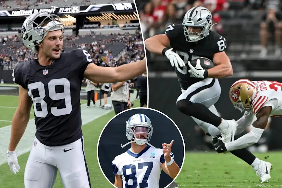 An image collage containing 3 images, Image 1 shows A Las Vegas Raiders player in black and white uniform, with number 89, helmet in hand, extends his arm to wave to the crowd, Image 2 shows Michael Mayer being tackled by Darrell Luter Jr. during a football game, Image 3 shows A Dallas Cowboys player wearing jersey number 87 and a helmet, pointing his finger