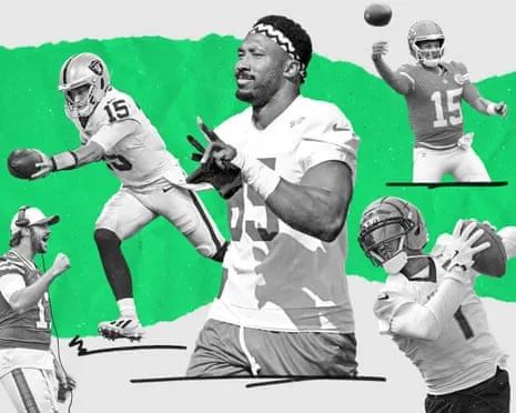 Collage of NFL stars Mendoza, Allen, Garrett, Mahomes, and Chase in action poses
